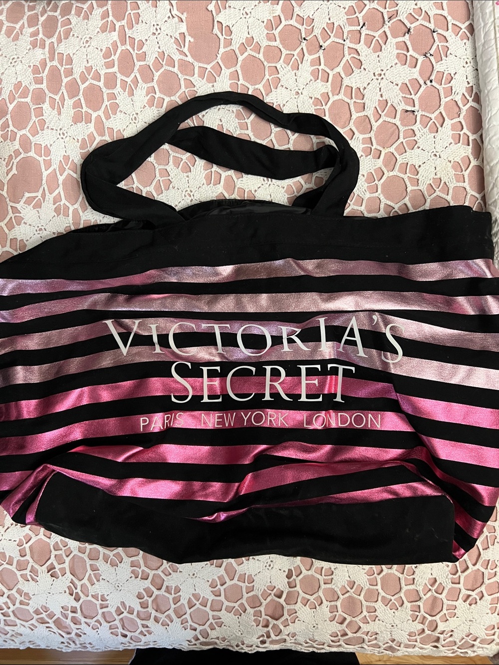 Victoria's Secret Black Tote with Pink Metallic Stripes